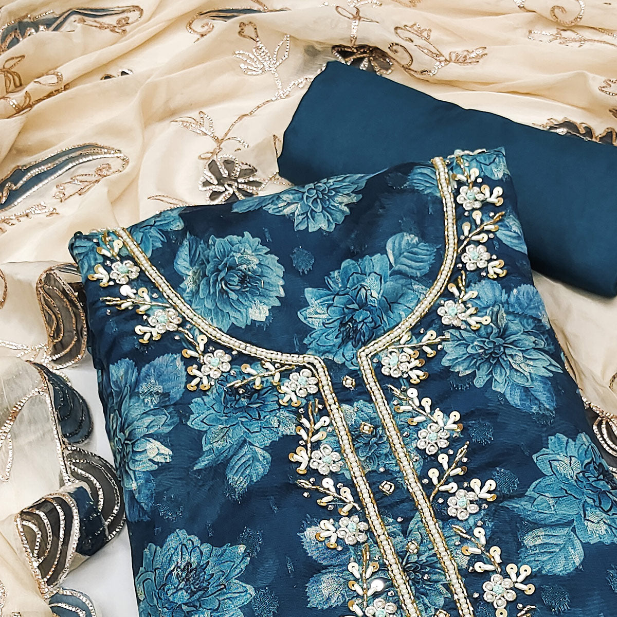 Blue Floral Printed With Handwork Viscose Banarasi Dress Material