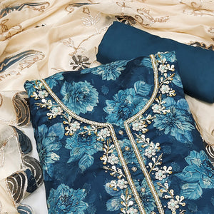 Blue Floral Printed With Handwork Viscose Banarasi Dress Material