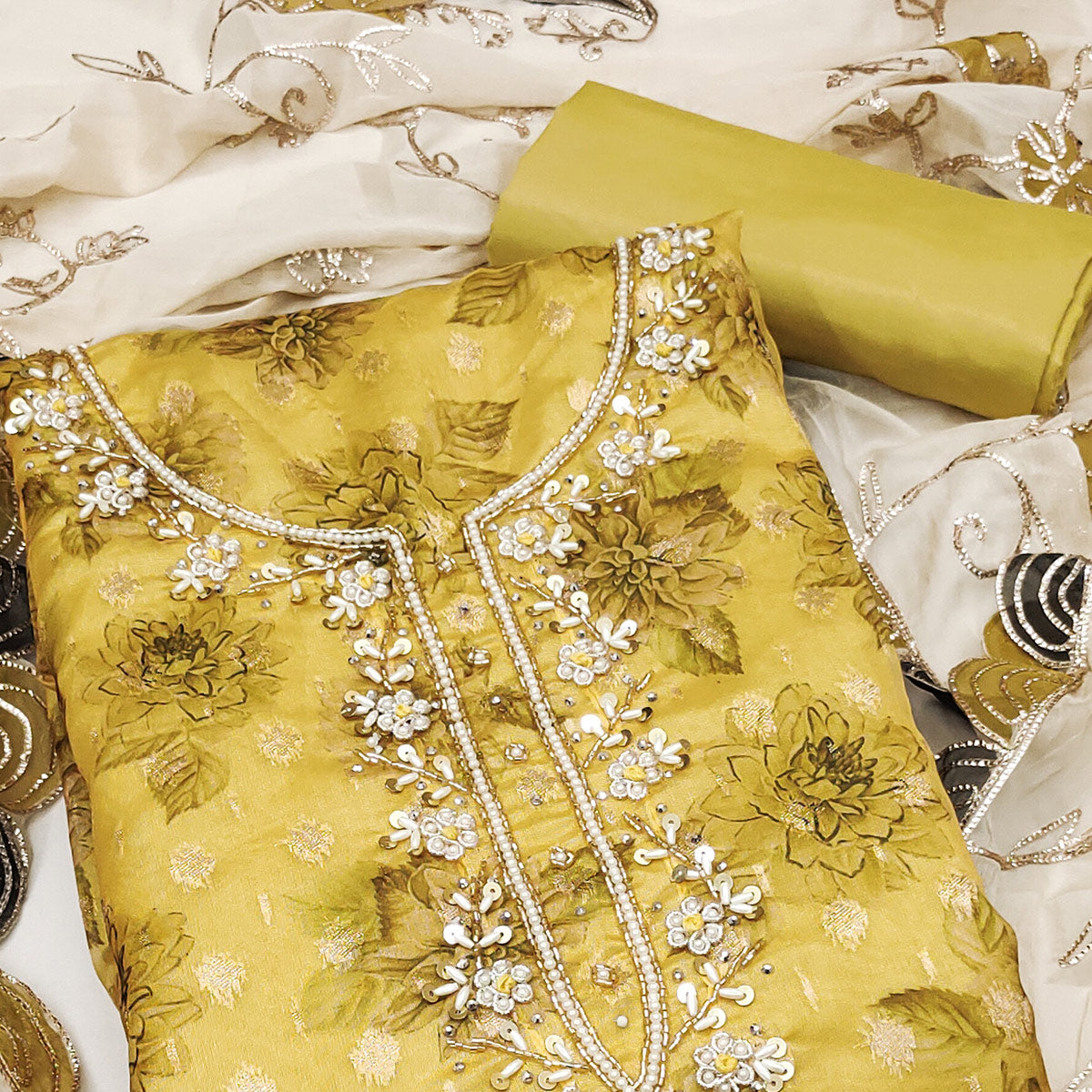 Mustard Floral Printed With Handwork Viscose Banarasi Dress Material