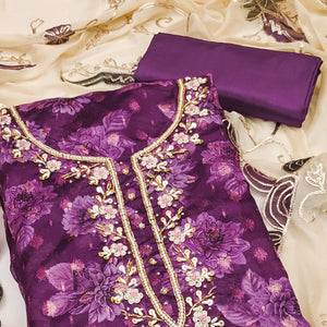 Purple Floral Printed With Handwork Viscose Banarasi Dress Material