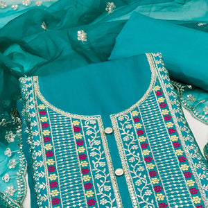 Rama Blue Floral Sequins Embroidered Roman Cotton Silk Dress Material