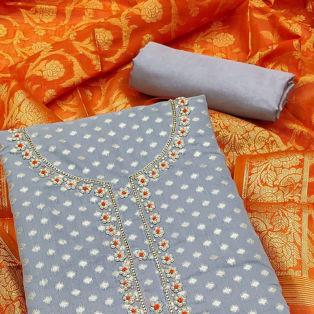 Grey Floral Woven With Handwork Banarasi Silk Jacquard Dress Material