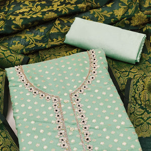 Sea Green Floral Woven With Handwork Banarasi Silk Jacquard Dress Material