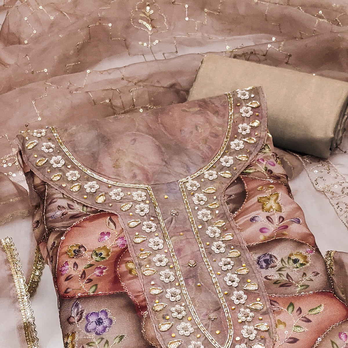 Dark Brown Floral Sequins Embroidery With Handwork Organza Dress Material