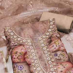 Dark Brown Floral Sequins Embroidery With Handwork Organza Dress Material