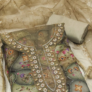 Grey Floral Sequins Embroidery With Handwork Organza Dress Material