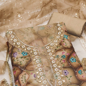 Light Brown Floral Sequins Embroidery With Handwork Organza Dress Material