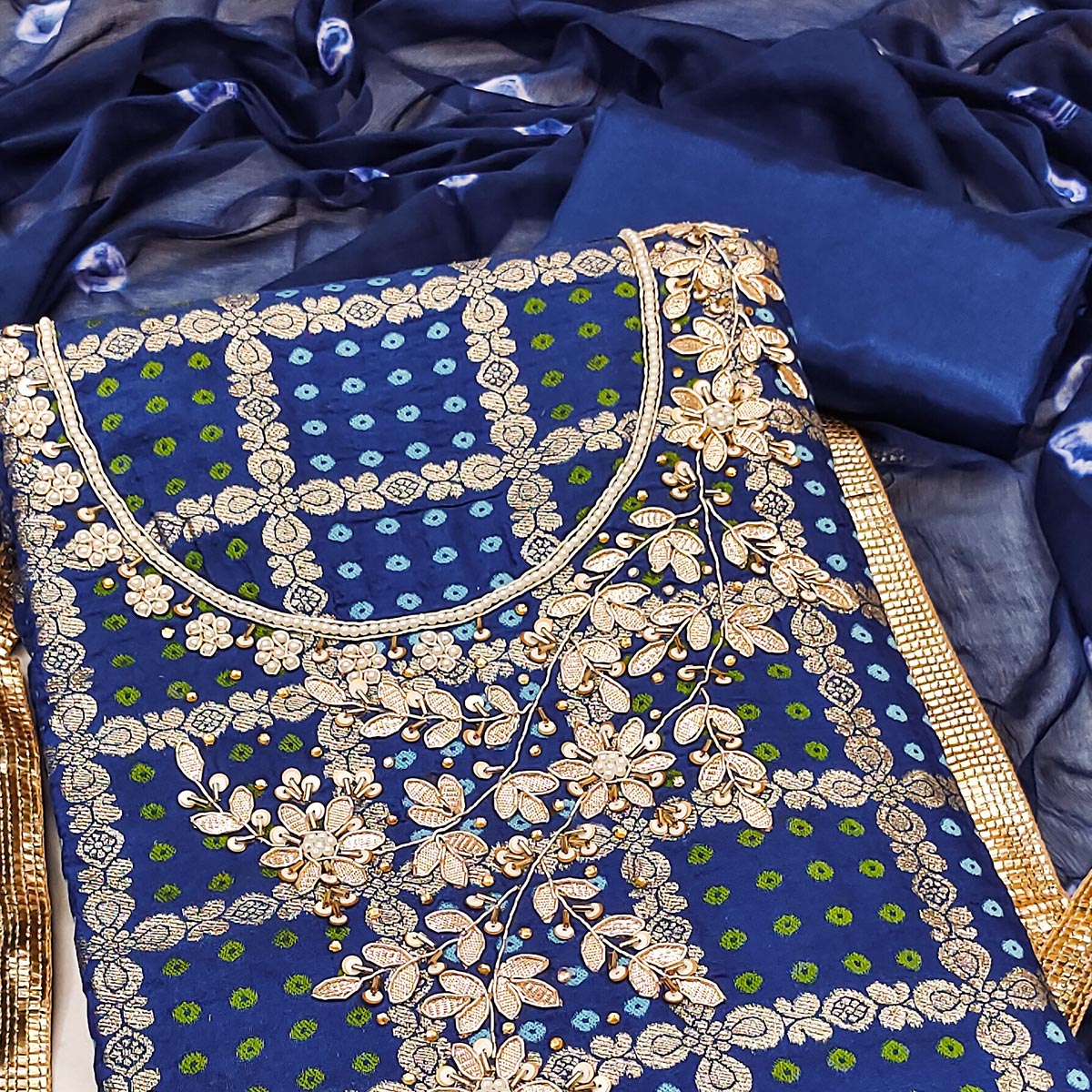 Blue Bandhani Woven With Handwork Cotton Silk Banarasi Dress Material