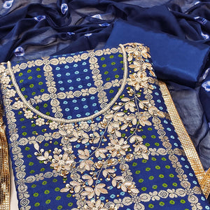 Blue Bandhani Woven With Handwork Cotton Silk Banarasi Dress Material