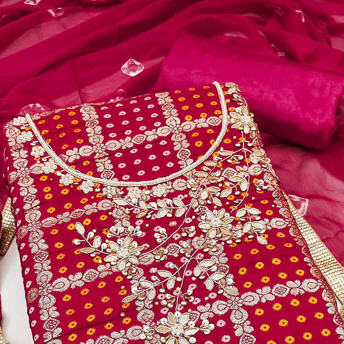 Pink Bandhani Woven With Handwork Cotton Silk Banarasi Dress Material