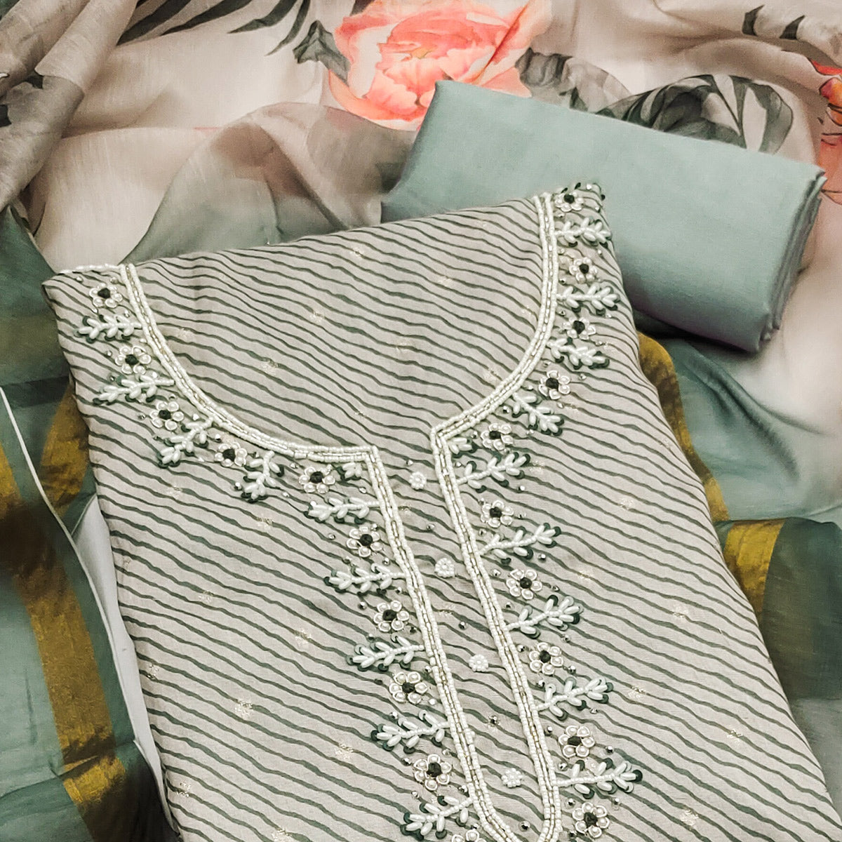 Dusty Green Digital Printed With Handwork Modal Chanderi Silk Dress Material