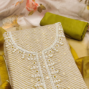 Olive Digital Printed With Handwork Modal Chanderi Silk Dress Material