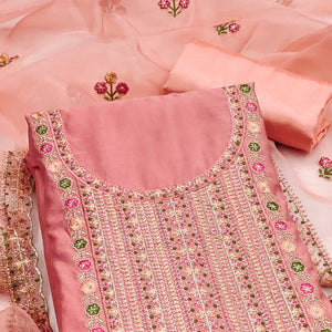 Peach Floral Embroidered Roman Cotton Silk Dress Material