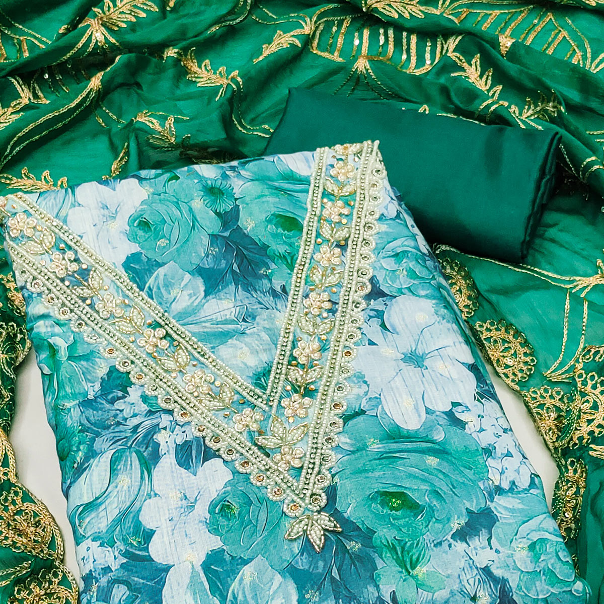 Green Digital Printed With Handwork Viscose Banarasi Dress Material