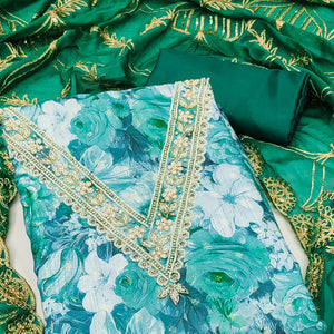 Green Digital Printed With Handwork Viscose Banarasi Dress Material