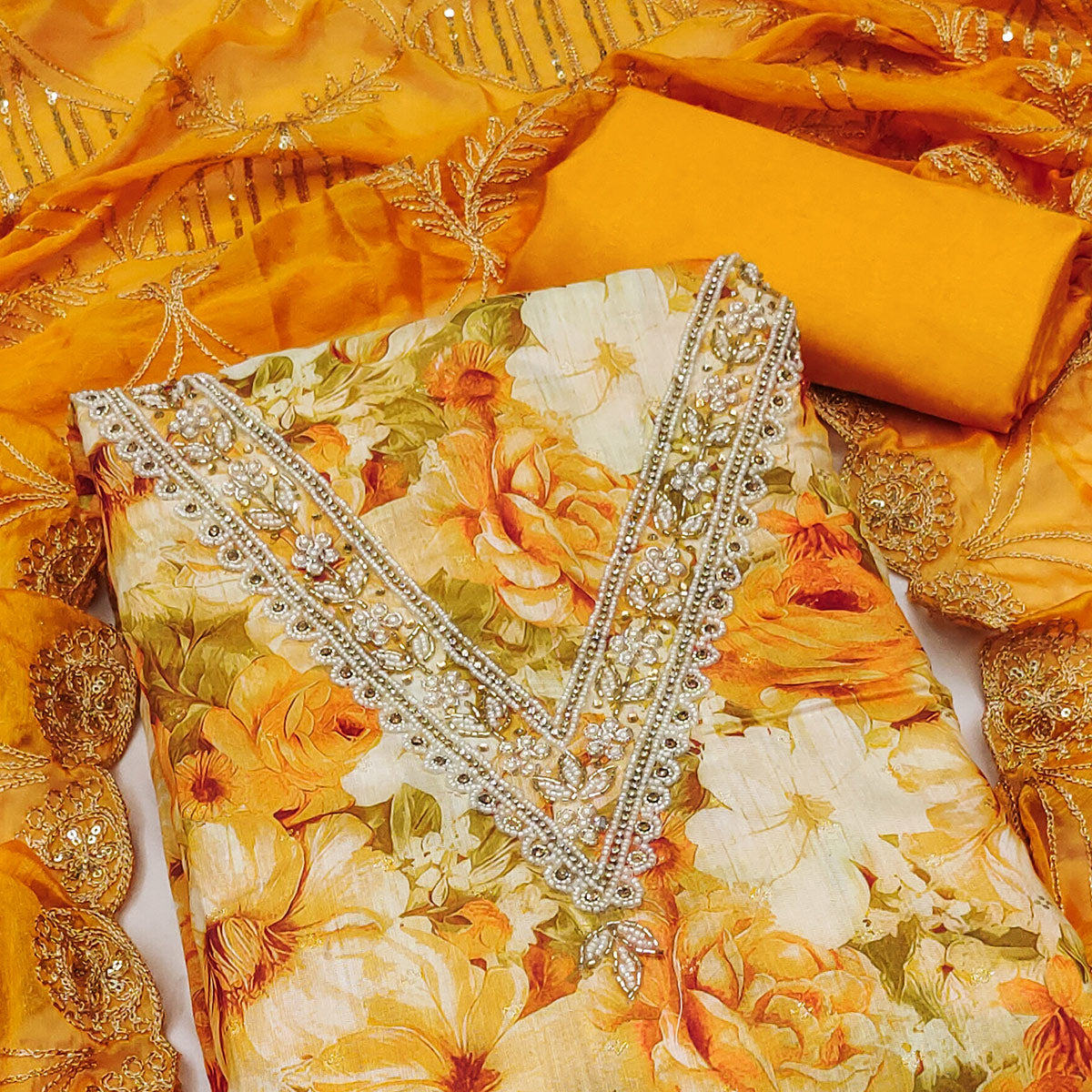 Mustard Digital Printed With Handwork Viscose Banarasi Dress Material