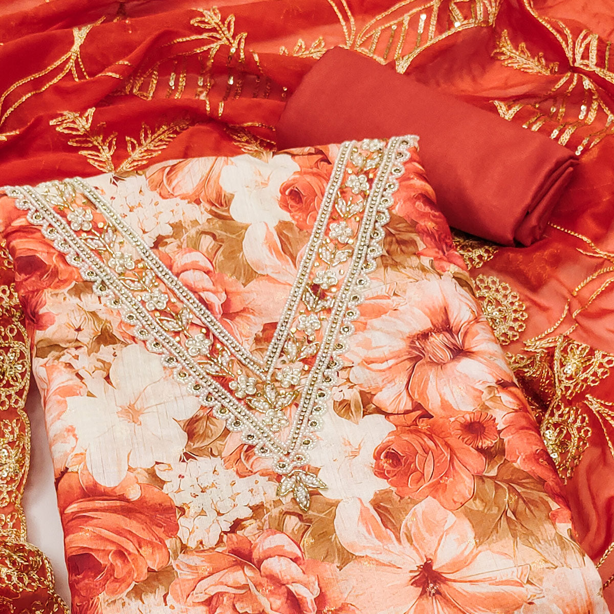 Orange Digital Printed With Handwork Viscose Banarasi Dress Material