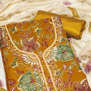 Mustard Sequins Embroidery With Handwork Organza Dress Material