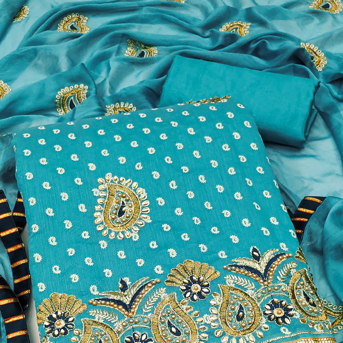 Blue Zari Embroidery With Hand Printed Modal Chanderi Silk Dress Material