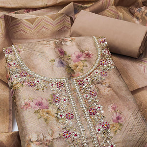 Brown Floral Digital Printed With Handwork Viscose Dress Material