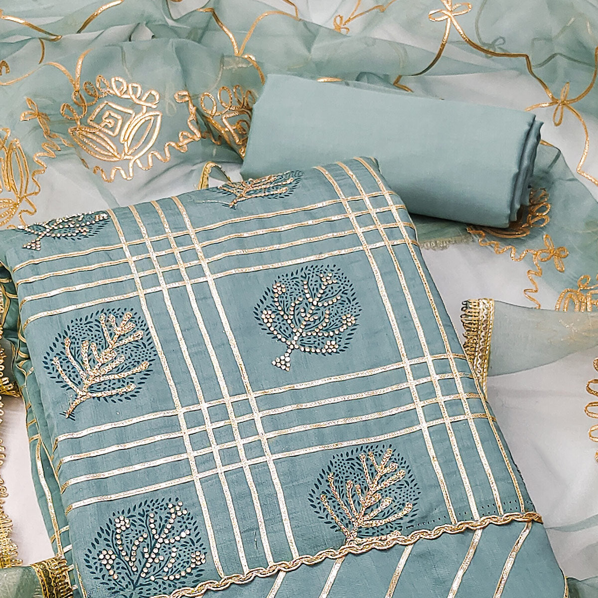 Blue Printed With Gota Patti & Stonework Roman Cotton Silk Dress Material