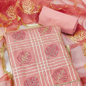 Peach Printed With Gota Patti & Stonework Roman Cotton Silk Dress Material