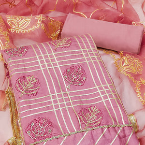 Pink Printed With Gota Patti & Stonework Roman Cotton Silk Dress Material