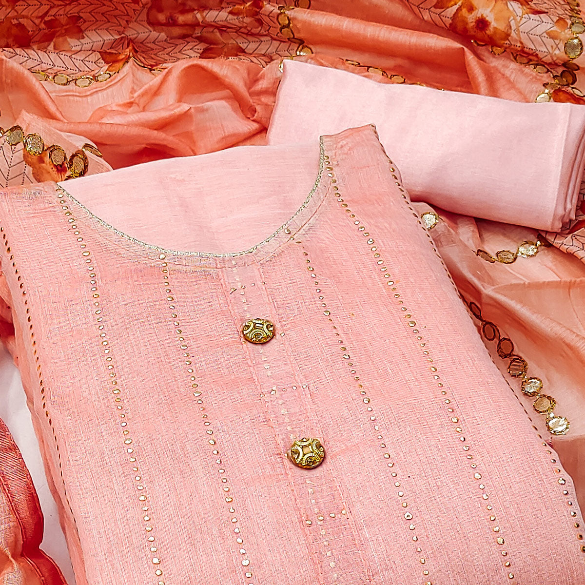 Peach Hand Printed With Gota Patti Work Chanderi Silk Dress Material