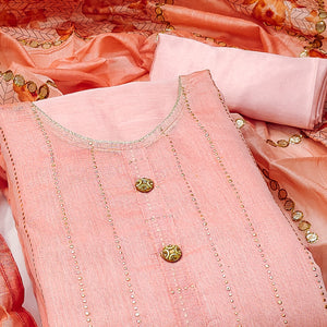 Peach Hand Printed With Gota Patti Work Chanderi Silk Dress Material
