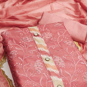 Peach Floral Embroidery With Digital Printed Chanderi Silk Dress Material