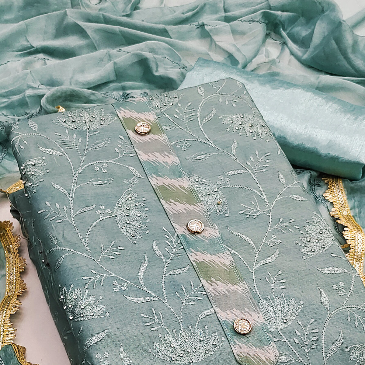Sage Blue Floral Embroidery With Digital Printed Chanderi Silk Dress Material