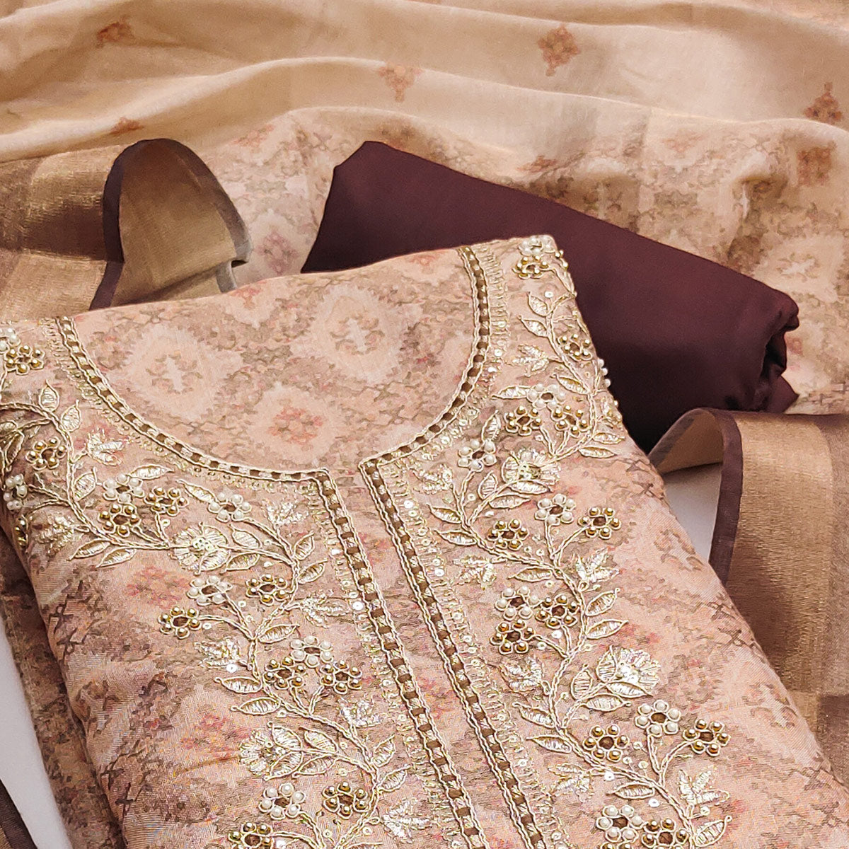 Light Peach Digital Printed With Hand Embroidered Cotton Silk Dress Material