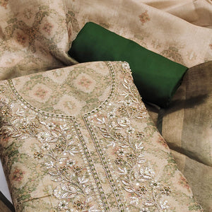 Mehendi Green Digital Printed With Hand Embroidered Cotton Silk Dress Material