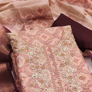 Peach Digital Printed With Hand Embroidered Cotton Silk Dress Material