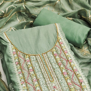 Green Floral Sequins Embroidery With Handwork Cotton Silk Dress Material