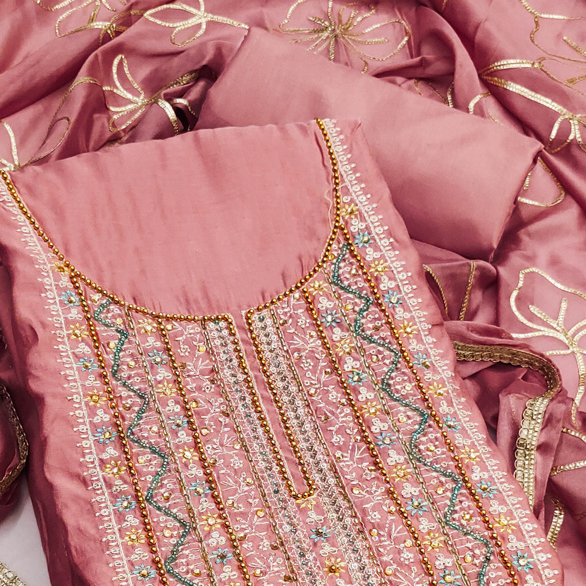 Peach Floral Sequins Embroidery With Handwork Cotton Silk Dress Material