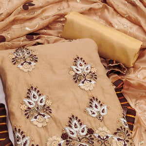 Chikoo Floral Embroidery With Moti Handwork Chanderi Silk Dress Material