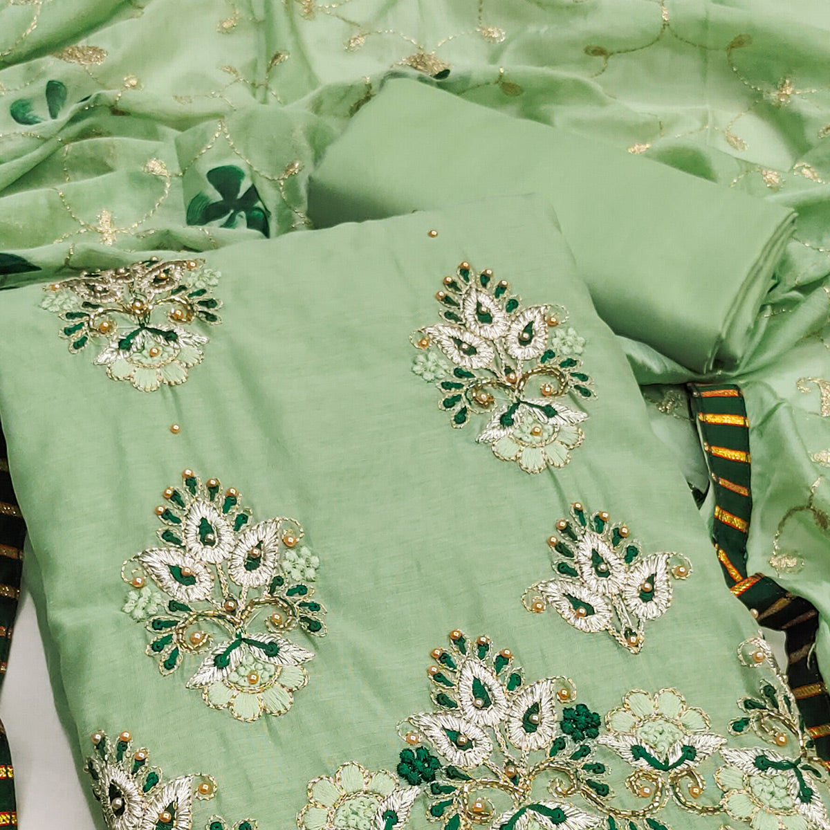 Green Floral Embroidery With Moti Handwork Chanderi Silk Dress Material
