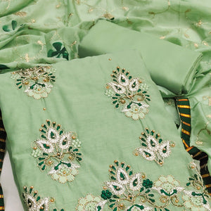 Green Floral Embroidery With Moti Handwork Chanderi Silk Dress Material