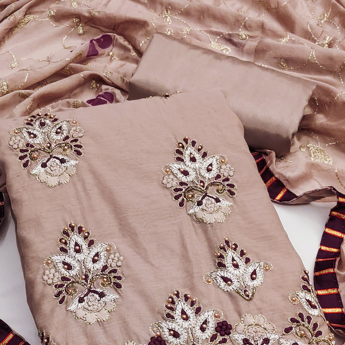 Light Brown Floral Embroidery With Moti Handwork Chanderi Silk Dress Material
