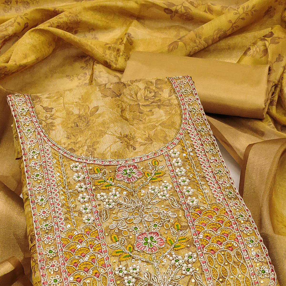 Mustard Floral Digital Printed With Moti Handwork Cotton Silk Dress Material