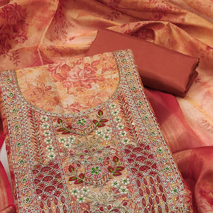 Rust Floral Digital Printed With Moti Handwork Cotton Silk Dress Material
