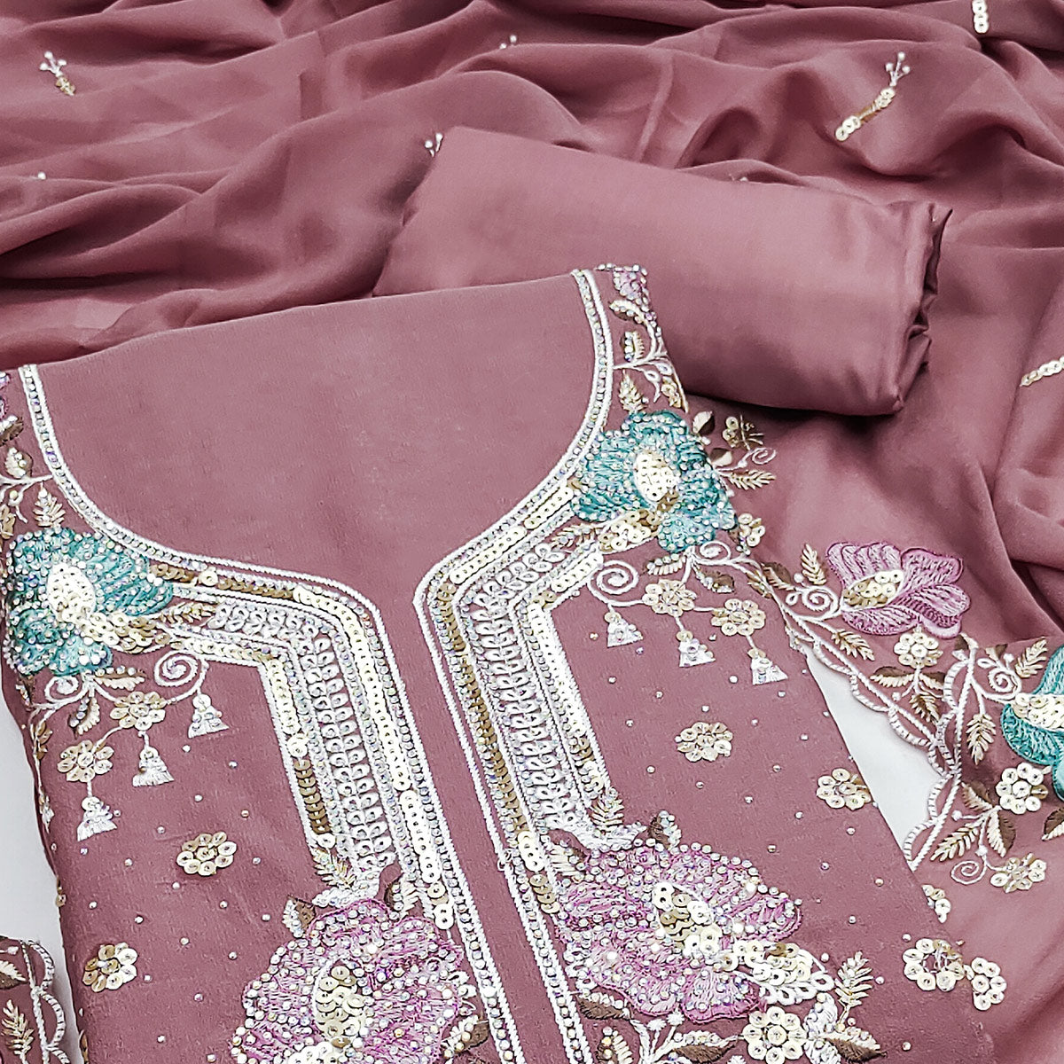 Dusty Pink Floral Sequins Embroidery With Stonework Dress Material In Viscose