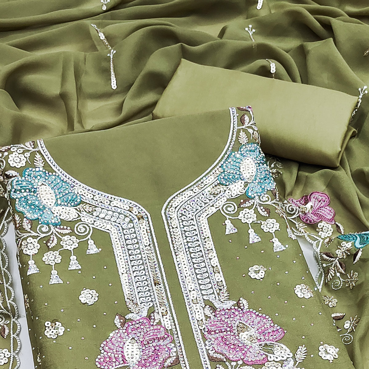 Green Floral Sequins Embroidery With Stonework Dress Material In Viscose
