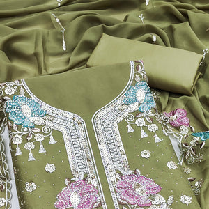 Green Floral Sequins Embroidery With Stonework Dress Material In Viscose