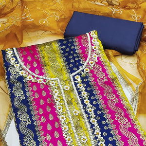 Navy Blue Banarasi Silk Jacquard Dress Material With Floral Woven Handwork Detailing