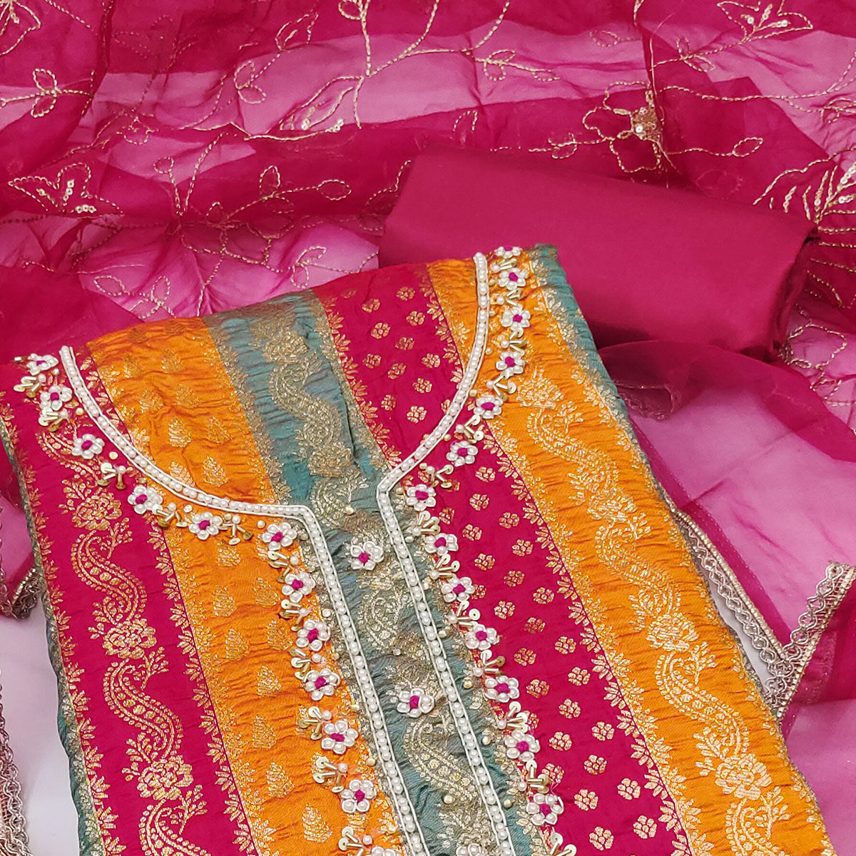 Pink Banarasi Silk Jacquard Dress Material With Floral Woven Handwork Detailing