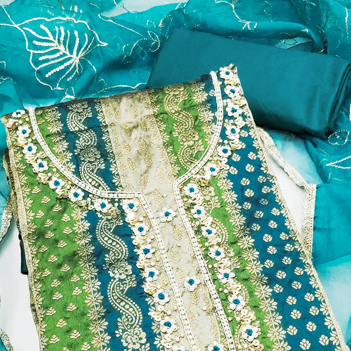 Teal Banarasi Silk Jacquard Dress Material With Floral Woven Handwork Detailing