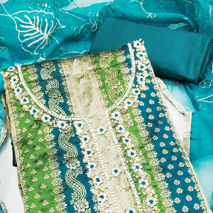 Teal Banarasi Silk Jacquard Dress Material With Floral Woven Handwork Detailing