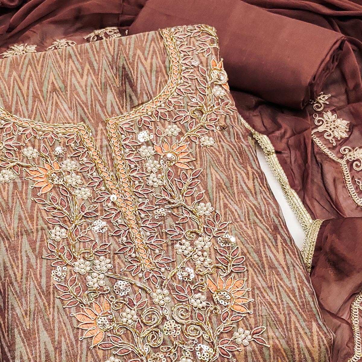 Festive Ready Brown Dress Material in Cotton Silk with Exquisite Hand Embroidery